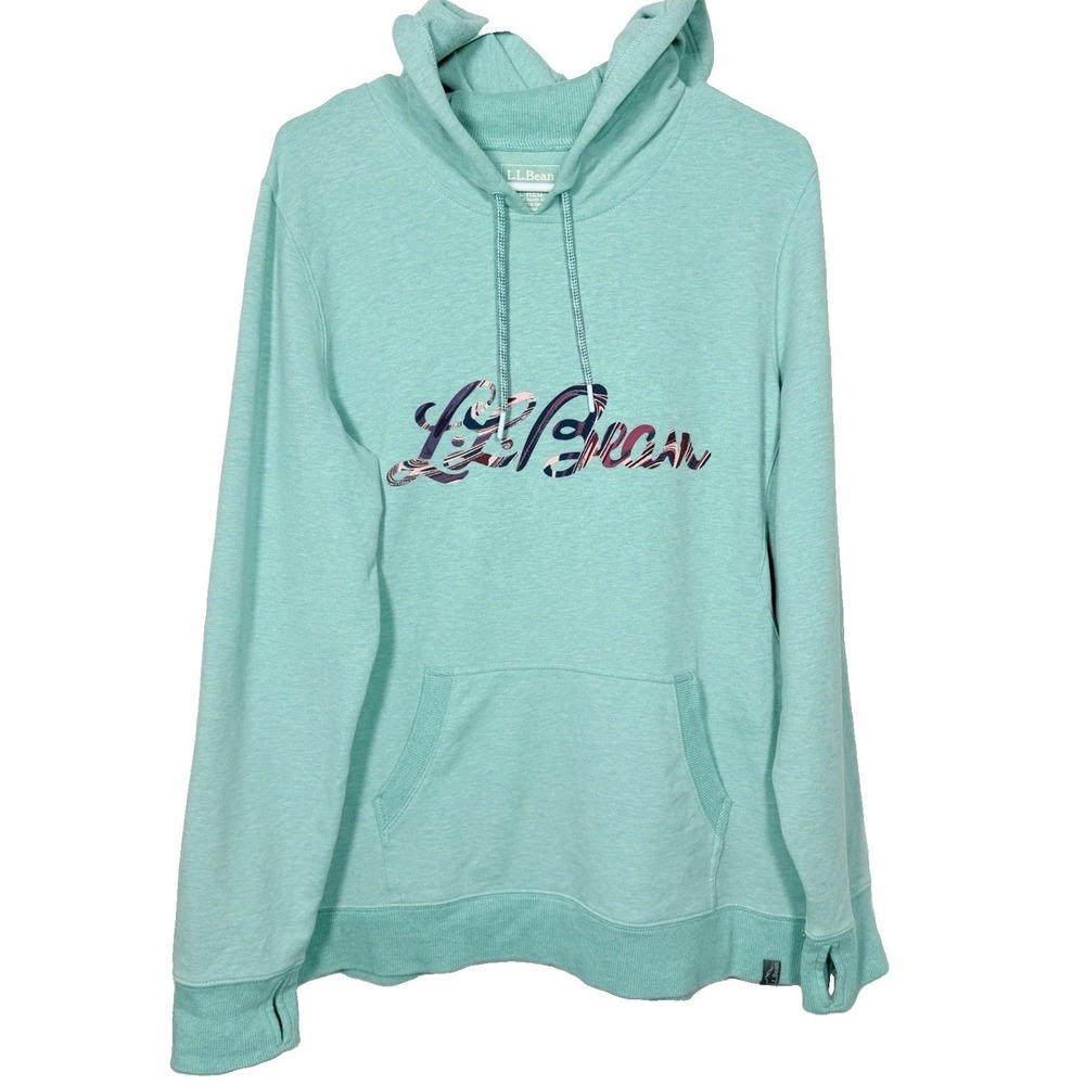 L.L.Bean Logo Graphic Cozy Camp Hoodie Womens‎ Large Mint Green Fleece